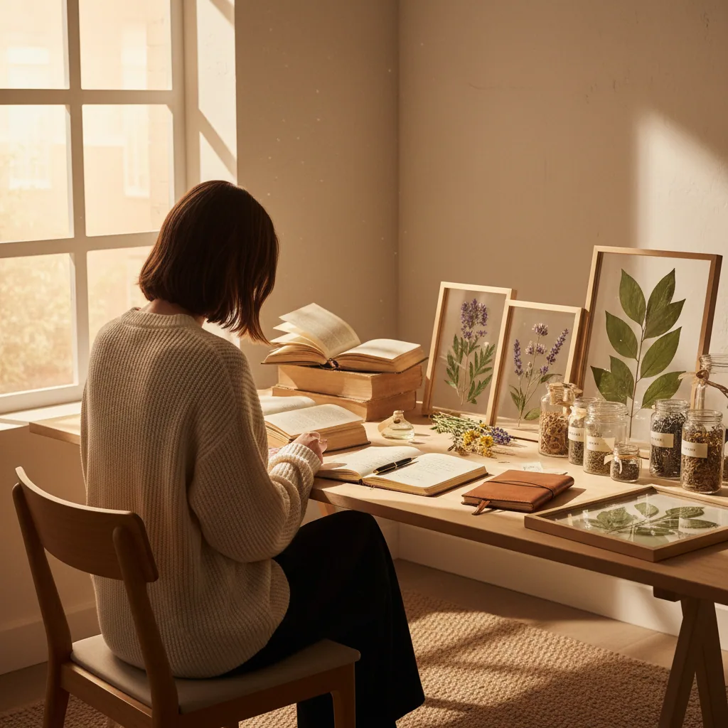 Wellness researcher at a timber desk surrounded by botanical specimens and reference books